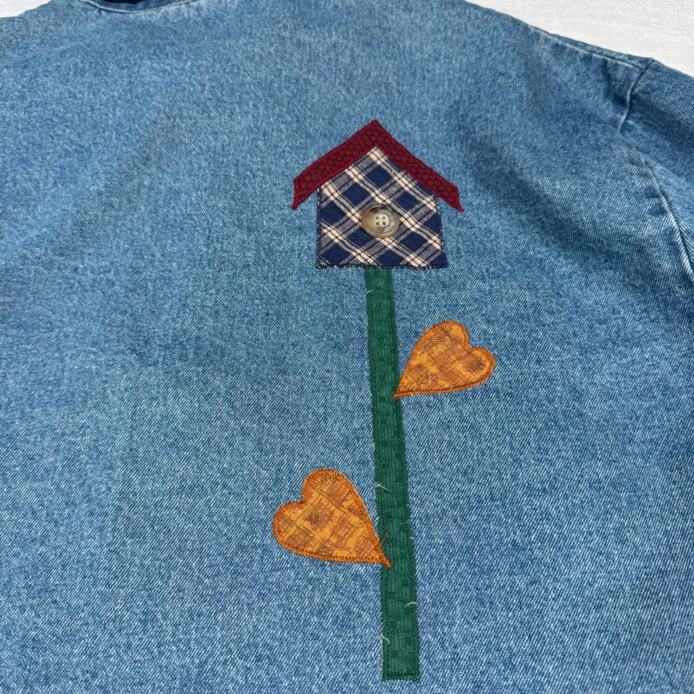 VTG Women XL Denim Coat Jacket Applique Birdhouse Patchwork Cottage Barn Chore - Picture 6 of 16